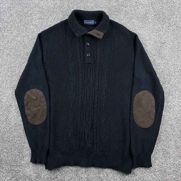 Paul Fredrick Cable Knit Sweater Mens Large Black Elbow Patch Henley Pullover - Picture 1 of 5